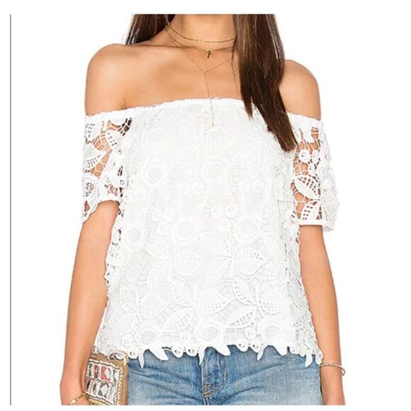 WAYF Off Shoulder White Crochet Lace Short Sleeve Top Size Medium - Picture 9 of 9